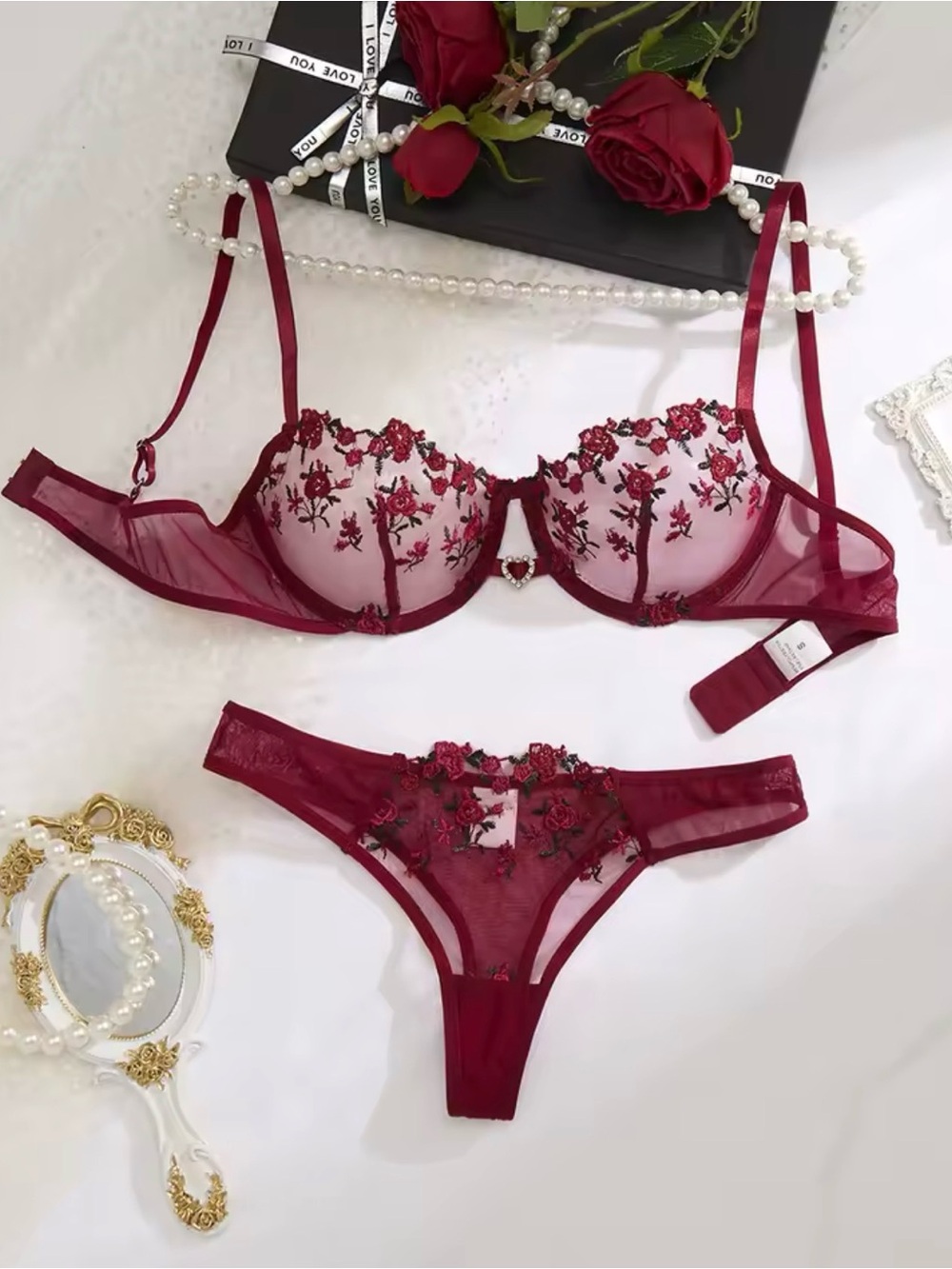 🌿 Red Embroidered Lace Bra & Thong Set